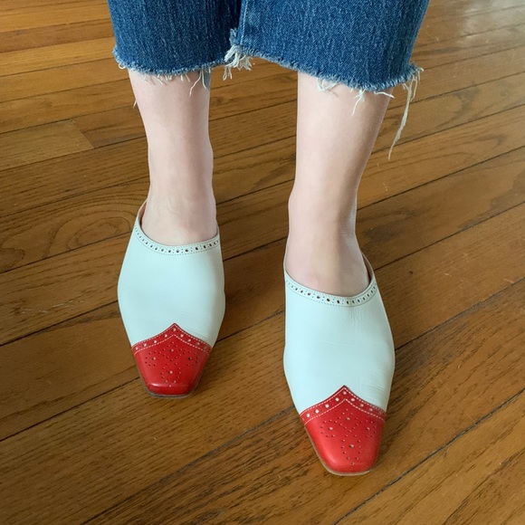 Manolo Blahnik mule flats red tip white western